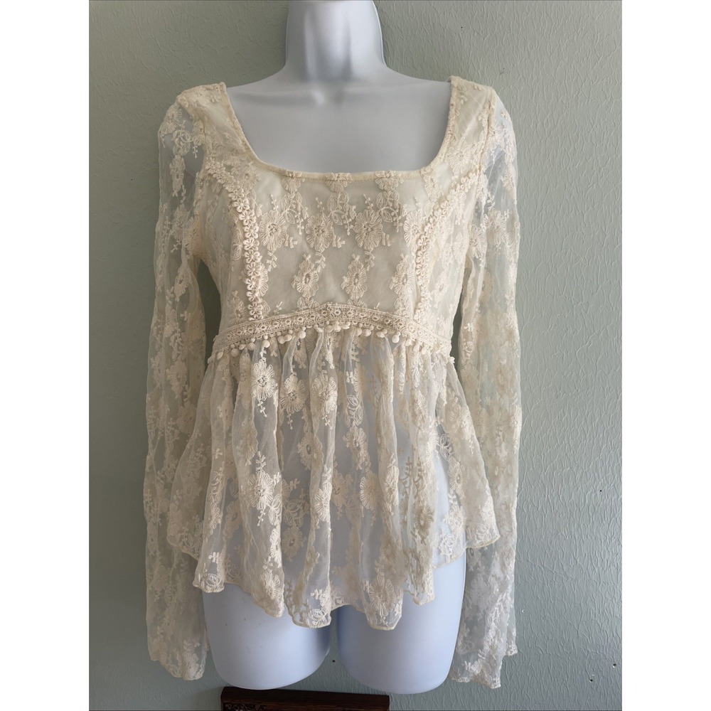 NWT Fairycore Sheer Lace Floral Peplum Top Long Sleeve Embroidery Ivory Bell S